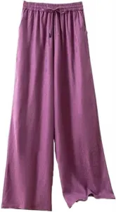 Женские брюки с эластичным поясом из шелка прямого кроя однотонные для лета