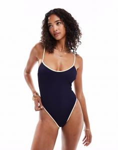 ASOS DESIGN Контрастный ребристый купальник с вырезом-лодочкой темно-синего цвета