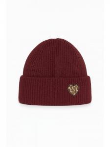 Вязаная шапка с манжетой, ребристая, теплая, с нашивкой в виде сердца цвета бордо Faera