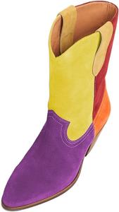 Женские модные сапоги XYD с заплатками до середины голени, массивным каблуком, заостренным носком, разноцветные элегантные ботильоны, Purple Yellow