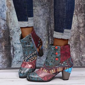 Бохо ботильоны для женщин, модные, разноцветные, из зминой кожи, с округлым носком, на высоком устойчивом каблуке, короткие ботинки в стиле бохо, ковбойские для женщин Generic, D
