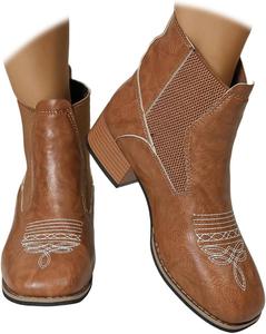 Женские ковбойские сапоги Ковбойские ботильоны с вышивкой, заостренным носком, вырезами, на массивном каблуке, короткие ботинки для езды на лошади, кантри-концертов ZJWBB, Brown