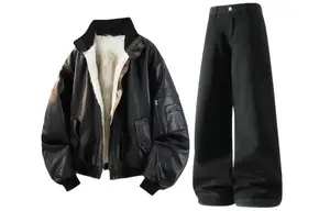 Повседневная спортивная одежда унисекс стойка утепленная и флисовая подкладка X1617, черный jacket puffer jacket+черный fleece-lined pants