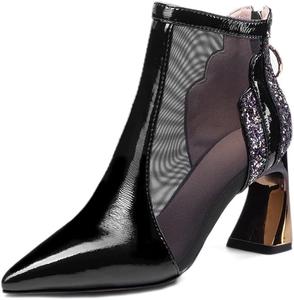 Женские летние ботильоны TinaCus из лакированной кожи с ручной отделкой, сетчатые, с заостренным носком, застежкой-молнией сзади, высокими шпильками и блестками, Black