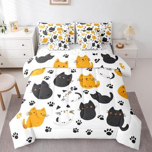 Erosebridal Комплект постельного белья Kawaii Cats с мультяшными черными котиками, микрофибра, детский дизайн с отпечатками лапок, Black White Orange