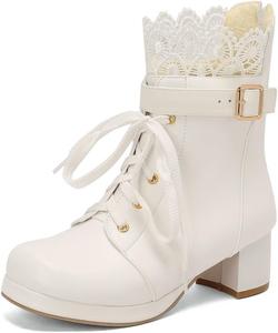 Ботильоны Shinelly Lolita на платформе с круглыми носками, средним массивным каблуком и милыми декоративными пряжками с жемчугом, 1-White