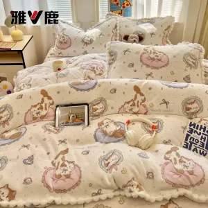 Yalu Комплект постельного белья из 4 предметов (простыня 200 см, пододеяльник 220х240 см), велюр, флисовая подкладка, с помпонами, цвет Puxiang Xiaomao