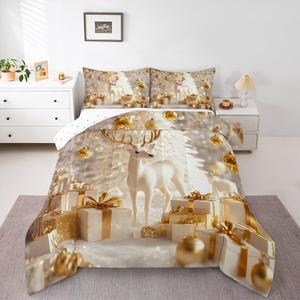 Erosebridal Комплект постельного белья с новогодним принтом оленей и ёлки в золотых тонах, Gold White