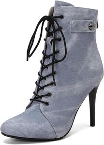 Женские джинсовые ботильоны Elbslutt на шнуровке с высокой шпилькой, заостренным носком и молнией, Blue