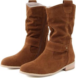 Женские мягкие замшевые сапоги средней длины с плоской подошвой и невысоким каблуком, модные западные ботильоны с мягкой сборкой и отворотами Generic, Yellowish Brown