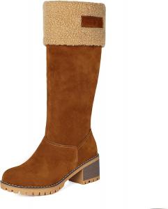 Женские сапоги до колена с флисовой подкладкой, массивным каблуком, боковой молнией, для улицы и вечеринок, замшевые, с устойчивым средним каблуком, зимние сапоги Generic, Brown