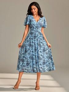 Платье макси с воланами и рукавами из сетки Jolie Moi, Blue Abstract