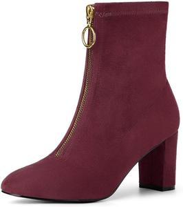 Женские ботильоны Allegra K с передней застежкой-молнией и массивным высоким каблуком, Burgundy