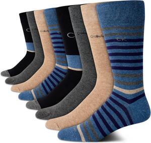 Мужские носки Calvin Klein под повседневную одежду - 8 пар мягких рабочих носков из хлопковой смеси для мужчин, для повседневного делового и официального ношения, Denim Stripe