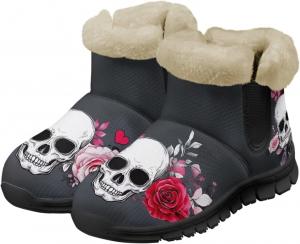Сапожки с черепом для женщин и мужчин, водонепроницаемые, теплые, пушистые, ботильоны на зиму, для улицы, против скольжения, размеры США 6-12 Pointodoor, Skull Flower-Grey