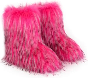 Модные женские сапоги из искусственного меха, пушистые средние зимние сапоги, замшевые теплые уличные ботинки на плоской подошве Xinyawei, Rose Madder