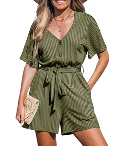 Женский комбинезон с V-образным вырезом и короткими рукавами, выполненный в рубчик CUPSHE, зеленый