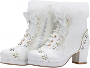 Женские зимние ботинки с низким каблуком и круглым носком, застежка-молния сбоку, утепленные плюшевой подкладкой, с бантом, милые, в стиле лолита, для косплея, вечеринок и повседневной носки ZQW, White