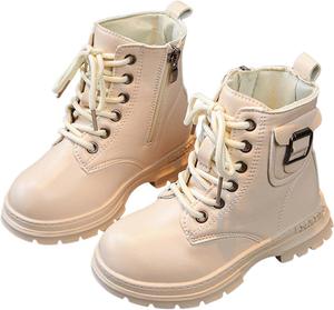 Детские ботинки для девочек на щиколотку, шнуровка, водонепроницаемые, военные, модные кожаные с боковой молнией, удобные, на низком каблуке, противоскользящие, зимние походные ботинки для улицы Generic, Beige