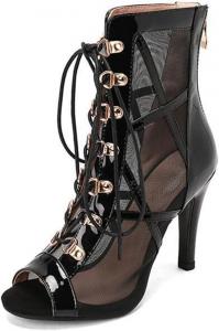 Женские ботильоны для современного джазового и пол-данса JXUZY, сексуальные летние туфли с сетчатой вставкой, шнуровкой, открытым носком и каблуком-стилет Generic, D495-Black