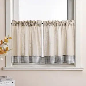 Штора Linen Cafe, клетчатая, для кухни, современная, с карманом для штанги, полупрозрачная, ШxВ 125x120 см, серая, 2 шт. Joyswahl