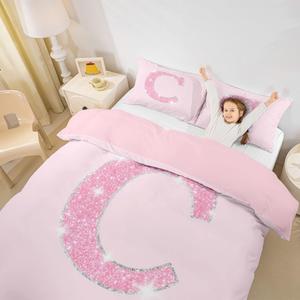 Erosebridal Персонализированный комплект постельного белья с монограммой C в стиле кавай, розовый с блестками, Pink C