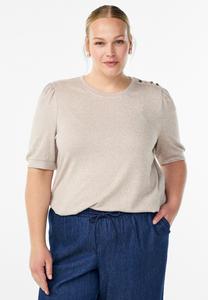 Блуза Zizzi MIT KNOPFDETAIL UND KURZEN PUFFÄRMELN, Simply Taupe Mél/Mottled Beige