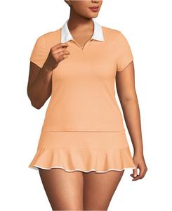 Защитная футболка от солнца большого размера с коротким рукавом и воротником-стойкой UPF 50 из пике Lands' End, Orange mist/white