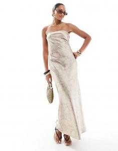 4th & Reckless Атласное платье-бандо макси с бежевым мраморным принтом