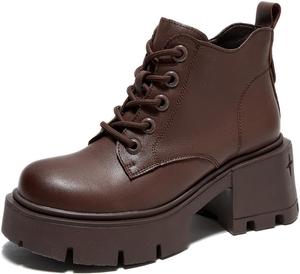 Женские ботильоны на шнуровке из натуральной кожи с платформой и массивным каблуком, модные с закругленным носком, боковой молнией, противоскользящей подошвой на толстом каблуке, рабочие и нарядные ботинки для женщин Generic, Brown