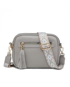 Сумка через плечо с холщовым ремешком и двумя секциями на молнии с кисточками JFY, серый