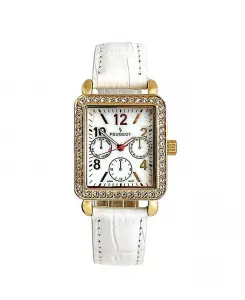Женские квадратные наручные часы с позолотой 14K, европейскими кристаллами и белым кожаным ремешком Peugeot, белый