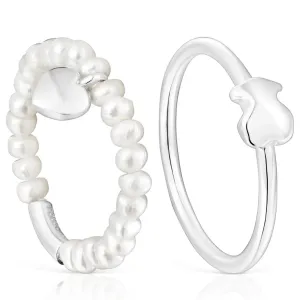 Ювелирный комплект колец Tous Mini Icons Heart And Bear, 2 предмета, серебро/жемчуг