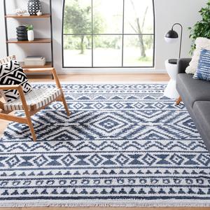 Ковер SAFAVIEH, 244 x 305 см, - коллекция Augustine - большой - Navy & Ivory, хлопковый марокканский богемный племенной дизайн с бахромой, легкая чистка, идеально для гостиной, спальни, офиса, столовой (AGT849N)