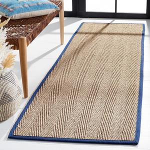 Ковер-дорожка SAFAVIEH, 77 x 488 см, Natural Fiber Collection - Natural & Blue, Seagrass, узор "елочка" с бордюром (NF115E)