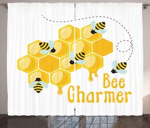 Штора ABAKUHAUS Honey Bee в деревенском стиле, очаровательная надпись Пчела, универсальные ленточные шторы для гостиной с петлями и крючками, 280 x 225 см, цвет: оранжево-белый Abakuhaus