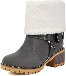 Зимние женские снежные ботинки с утеплителем, массивным каблуком, на щиколотку, с пряжкой и меховой подкладкой, без шнуровки, короткие ботинки Generic, серый