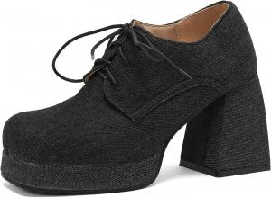 Женские ботильоны Uniquelly на шнуровке, джинсовые, с квадратным носком, на высокой платформе и толстом каблуке, элегантные туфли для платья, Black