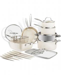 Набор посуды Natural Collection из 20 предметов с антипригарным покрытием и ножами Gotham Steel, Cream