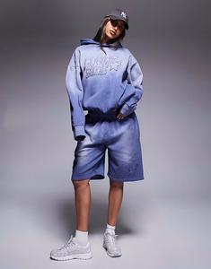 Короткие шорты с логотипом, свободным необработанным краем, выбеленного синего цвета Courtside