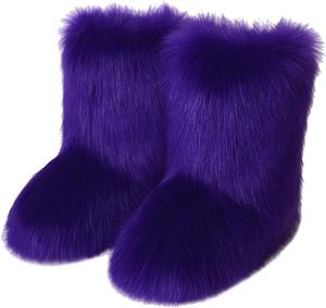Женские зимние ботинки с искусственным мехом, теплые снежные ботильоны, пушистые ботинки до середины голени, удобные уличные плоские туфли NIGXWNS, 8 Purple