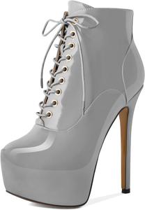 Женские ботильоны AUMOTED на платформе с круглым носком, боевые ботинки, ботильоны на шпильке, стильные модные короткие ботинки с шнуровкой, молнией и утепленные, каблук 16 см, Patent Grey