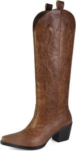 Женские замшевые ковбойские сапоги UBWDU до колена с заостренным носком и массивным каблуком, вышитые в западном стиле, Pu-Brown