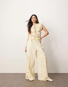 Прямые брюки ARRANGE из хлопка с вышивкой и ришелье лимонного цвета