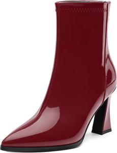 Женские ботинки с острым носком на высоком каблуке, укороченные ботильоны с боковой молнией, модные короткие ботинки из искусственной лакированной кожи для женщин RLYGHWAO, Burgundy Patent