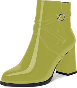 Женские ботильоны FEMSTEP с лакированной пряжкой для ночного клуба, с круглым носком, модные, на толстом каблуке, высотой до щиколотки, 8,4 см, Olive Green