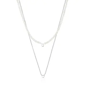 Ювелирный комплект колье Tous Mini Icons Silver And Cultured Pearls Heart And Bear, 2 предмета