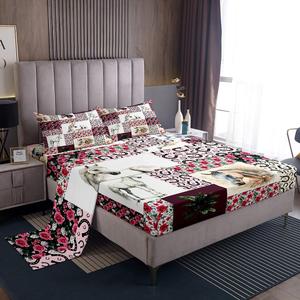 Erosebridal Комплект постельного белья Horse Sheet Set с ретро-розовым пейзажным принтом, выполненный из качественного материала с глубокими карманами, Pink White