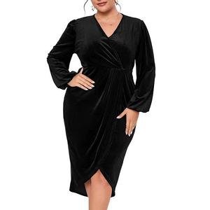 Женское платье plus size velvet casual party cocktail v neck long sleeve bodycon wrap Clearflower, Black