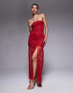 Эксклюзивное двухслойное облегающее кружевное платье-бандо с прозрачным подолом от Kaiia красного цвета